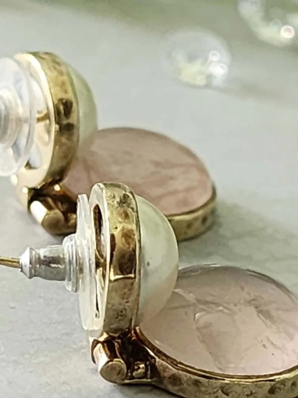 Vintage 80s 90s Julie Signed Gold-Plated Door Knocker Earrings Rose Quartz Pearl